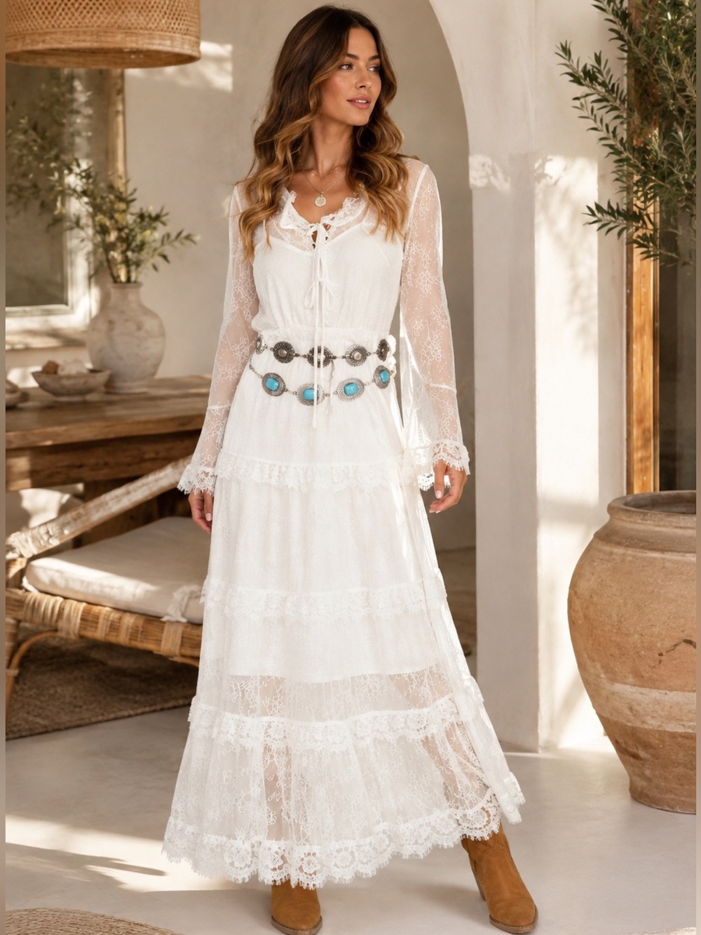 Boho Elegant White Lace Maxi Dress